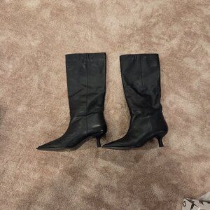 knee-high pointed-toe kitten heels leather boots Women